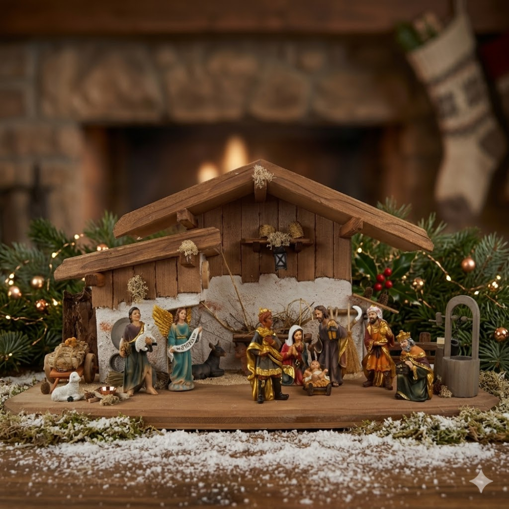 Bezaubernde Weihnachtskrippe Hartmannshof inkl. 11-tlg. Figurensatz K 604, Maße Krippe: ca. 60 x 24 x 30 cm